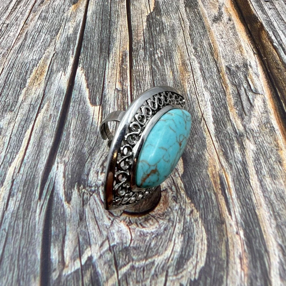 Boho Turquoise Oval Statement Ring Silver Tone Filigree Adjustable Vintage Gift